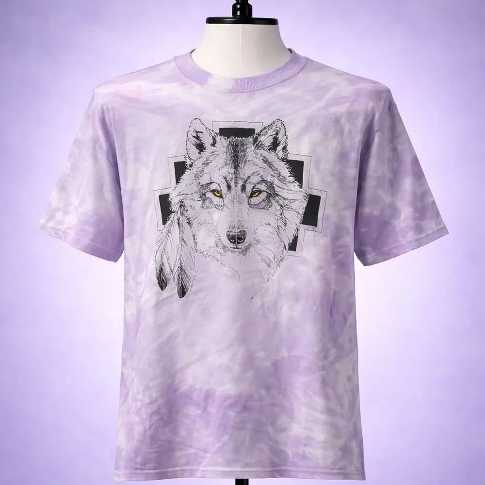 Vintage Tultex Wolf Purple Tie-Dye SS Graphic Nature Tee Shirt T-Shirt L